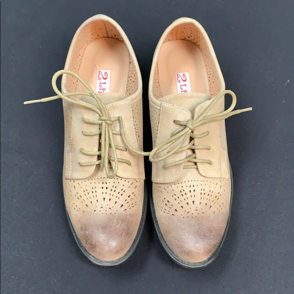 2 Lips Too tan oxfords with cut out details